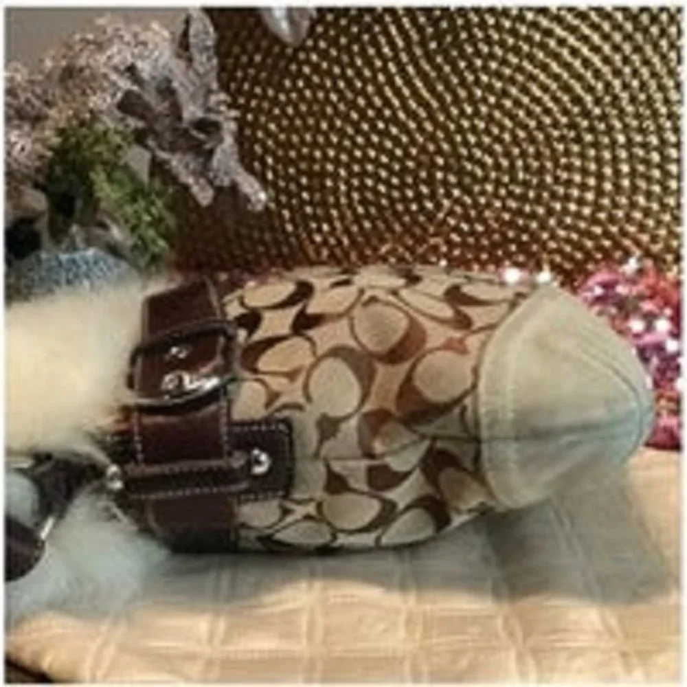 Like New Coach Signature Canvas Shearling Duffle Khaki Handbag Tote Bag Purse
